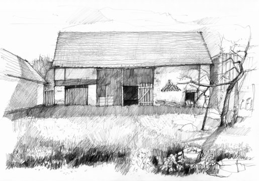 Sketch of an old barn. Scan of pencil drawing.