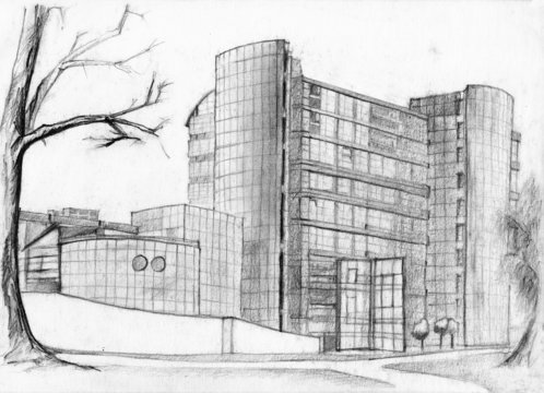 Architectural sketch of modern bank  building