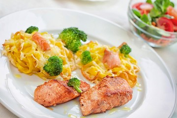 Grilled salmon and pasta dinner