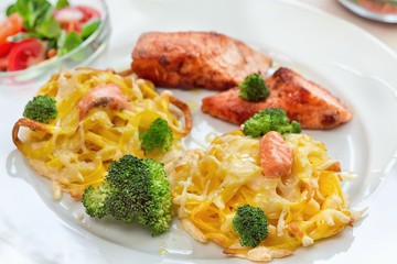 Grilled salmon and pasta dinner