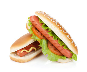 Two hot dogs with various ingredients