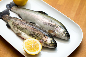 Raw trout fish with lemon slices