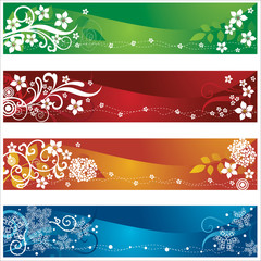 Four seasonal banners with flowers and snowflakes design