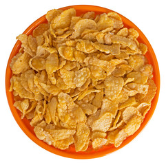 Sunshiny orange bowl of breakfast cereal cornflakes, isolated ov
