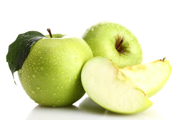 Ripe green apples with leaf and slice, isolated on white