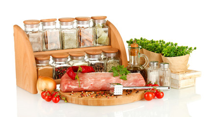 composition of raw meat, vegetables and spices isolated on