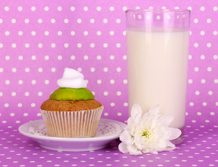 Glass of fresh new milk with cake on purple polka dot