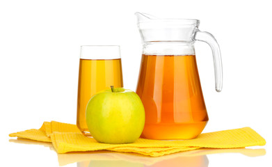 Full glass and jug of apple juice and apples isolted on white