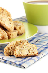 Aromatic cookies cantuccini and cup of coffee isolated on white