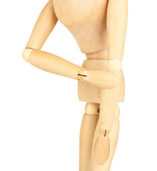 Joint pain at wooden mannequin isolated on white