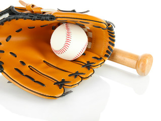 Baseball glove, bat and ball isolated on white