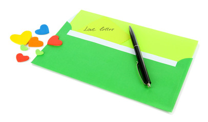 Note in envelope with pen isolated on white