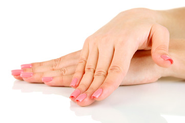 Beautiful woman hands with pink manicure, isolated on white
