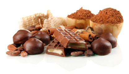 Composition of chocolate sweets, cocoa and spices, isolated