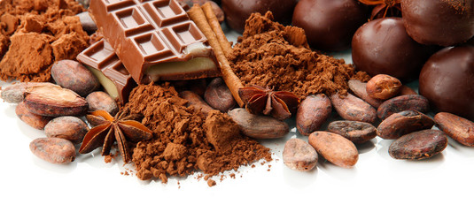 Composition of chocolate sweets, cocoa and spices, isolated