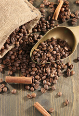 Coffee in  sack and scoop on wooden table