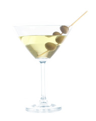 Martini glass with olives isolated on white