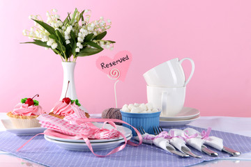 Tableware for tea drinking on bright background