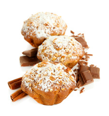 Tasty muffin cakes with powdered sugar and chocolate, isolated