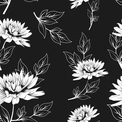 Foto op Plexiglas Zwart wit bloemen naadloze bloemmotief. monochrome vector achtergrond