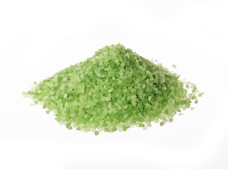 green sea salt for bathing on white background