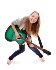 .Beautiful girl with guitar  on white background