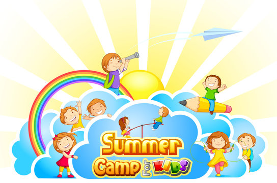 vector illustration of kid playing in summer camp poster