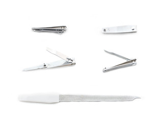 Nail nippers and nail file on white background