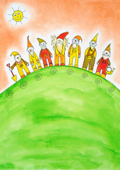 Seven dwarfs, child's drawing, watercolor painting on paper