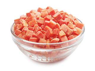 Frozen carrots in a glass bowl