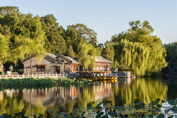 Fototapeta na wymiar View of lake, cottage and green willows