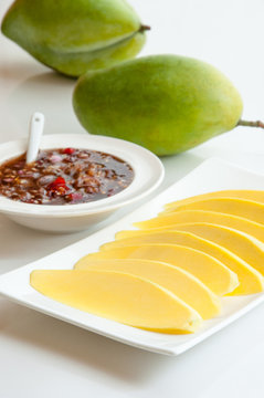 Green Mango with Sweet Sauce, Thai Dessert.