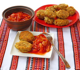 Vegetable cutlets of chick peas and vegetable stew, lecho