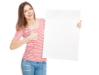Casual young woman holding a white board