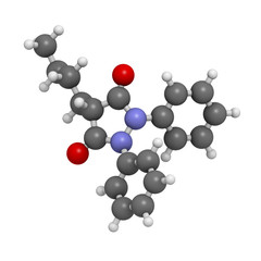 phenylbutazone (bute) horse painkiller, molecular model