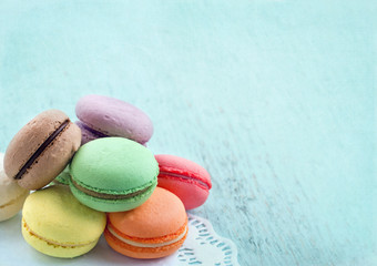 Macaroons on blue textured shabby chic background