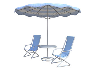 beach chairs and umbrella on a white background