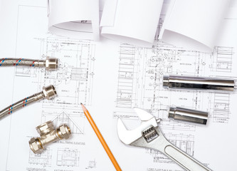 plumbing and drawings, construction still life
