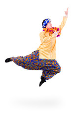 man jumping with pointing gesture