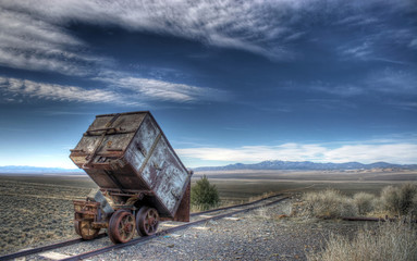 An old mining ore cart on tracks at Berlin, Nevada 
