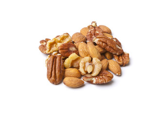 Mixed Nuts on White Background. Isolated Walnuts, Pecans and Almonds.