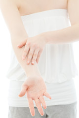 Beautiful young woman hands on white background