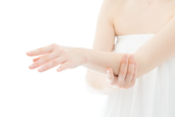 Beautiful young woman hands on white background
