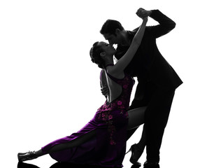 couple man woman ballroom dancers tangoing  silhouette - obrazy, fototapety, plakaty