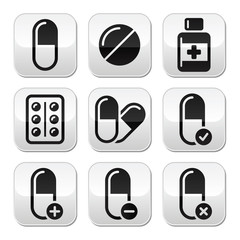 Pills, medication  vector buttons set