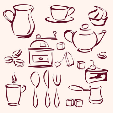 collection of tea coffee and cakes silhouettes