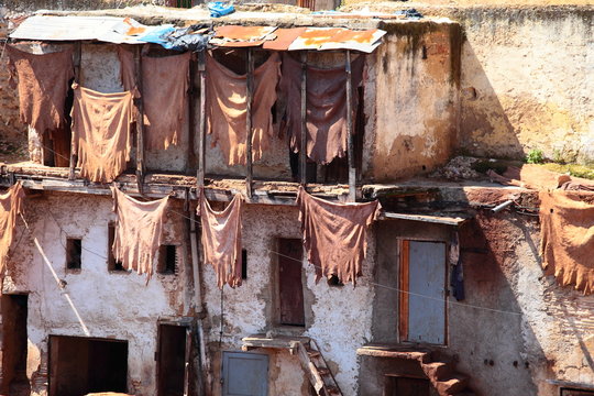 Old tanks of the Fez's tanneries with color paint for leather