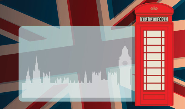 Phone booth and parliament on UK flag, vector illustration