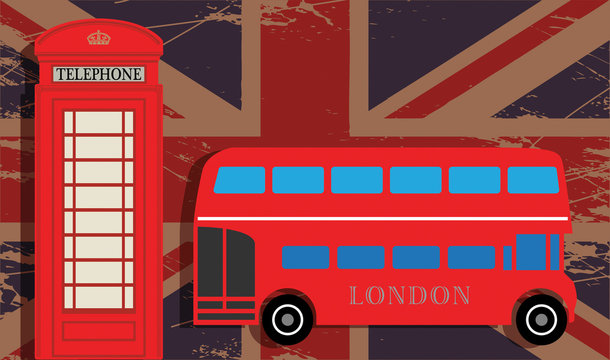 Phone booth and red bus on UK flag, vector illustration