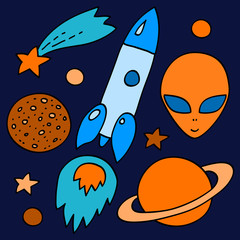 Colorful space elements set in orange and blue, vector